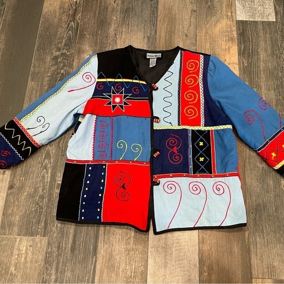 Indigo Moon Jacket Wearable Art Cotton Flax Blend Embroidered Abstract Size M - Picture 1 of 8